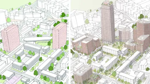 Portsmouth City Council Two drawings - the first shows two tall tower blocks surrounded by some smaller buildings. The second image shows a tall tower block surrounded by several smaller tower blocks and other buildings.