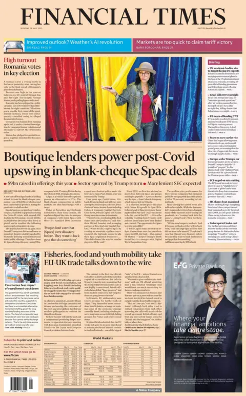 Front page of the Financial Times, with the head line "Boutique lenders power post-Covid upswing in blank-cheque Spac deals."