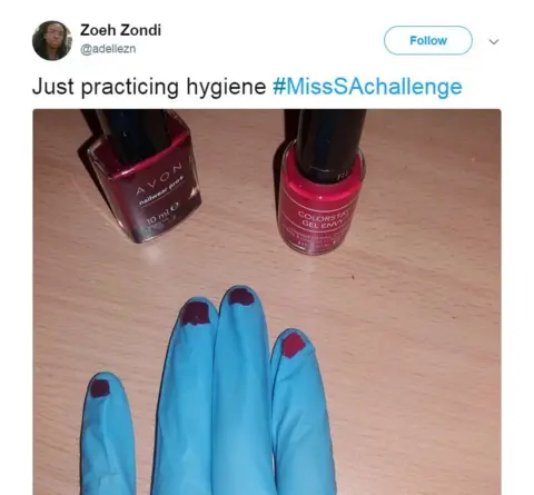 Twitter / @adellezn Tweet with latex gloves and nail polish on them saying 'just practicing hygiene'