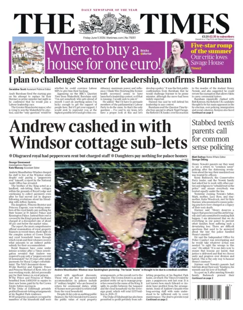 "Andrew cashed in with Windsor cottage sub-lets," reads the headline on the front page of the Times. 