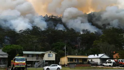 Getty Images Smoke rises from thick forest behind a row of houses