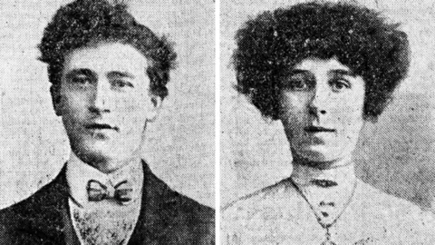 A split screen image of a man and a woman. The photos are black and white and grainy as they are scanned images from many years ago. They both have dark hair. The man wears a dark coat, light shirt and a dickie bow. The woman is wearing a high light collar