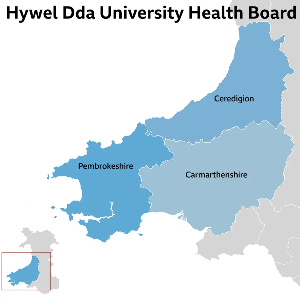 A map showing the Hywel Dda health board map