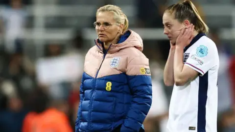 England manager Sarina Wiegman and Kiera Walsh after their 2-1 defeat by France in Euro 2025 qualifying