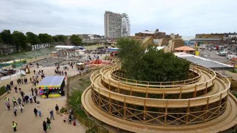 An aeriel shot of the Grade II listed, timber-framed Scenic Railway at Dreamland Amusement Park in Margate, Kent.