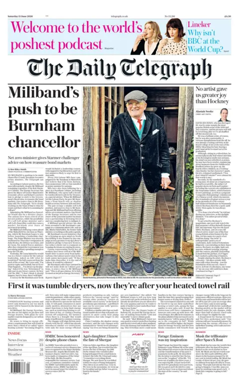 The headline of the the Daily Telegraph reads: "Miliband's push to be Burnham chancellor."