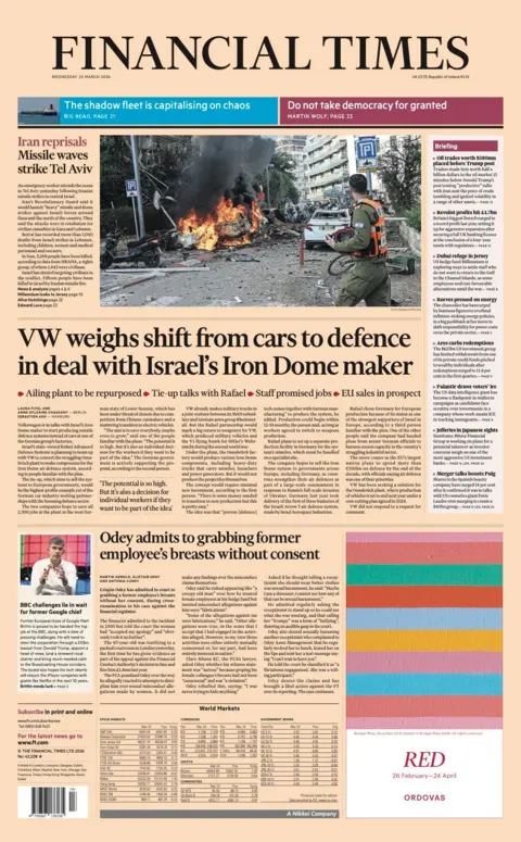 The headline on the front page of the Financial Times reads: "VW weighs shift from cars to defence in deal with Israel's Iron Dome maker."
