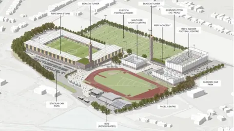 Systra An artist's impression of a new sporting campus including a football stadium, an athletics track, training pitches, a padel centre and car parking.