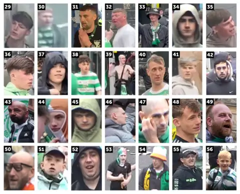 Police Scotland A total of 28 images taken from CCTV, numbered 28-56. Each image shows a man or teenage boy at the Celtic title party in Glasgow city centre - many of them are wearing Celtic colours