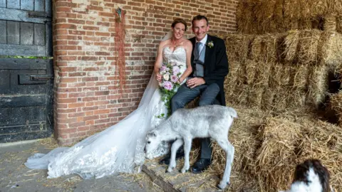 James Polley Photography A white reindeer foal standing in front of bails of straw. Angie Nelson and Justin Mumford are sitting on a bail in their wedding outfits, including her white wedding dress with its train spread out. A black and white spaniel dog's head pops up in the bottom right corner. 