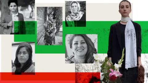 BBC Composite image of victims of the Iran protests and Roya Piraei one of victims' daughters