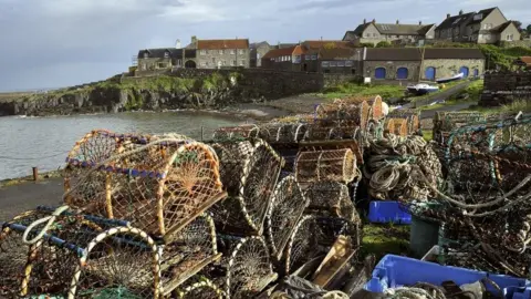 Getty Images The village of Craster with lobster pots in the foreground and a cluster of houses on the other side of the harbour.