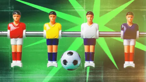 BBC Four table football figures lined up on a rod with a football in the middle over an electric green background.