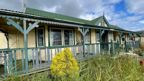 Shaun Whitmore/BBC The outside of Towerview, an early 20th Century prefabricated bunglow. It has a green tin roof and wooden walls painted cream. The roof just out across a veranda, which has a wooden balustrade. In front of the house are reeds