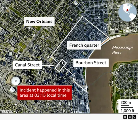 A map showing the locations of Bourbon Street and Canal Street close to the Mississippi River in New Orleans, Louisiana