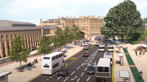 City of York Council A computer generated image of buses and cars on a road running outside a railway station on the left. Trees and buildings in the background.