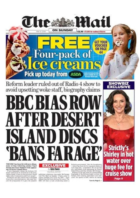 The headline on the front page of the Daily Mail reads: “BBC bias row after Desert Island Discs 'bans Farage'”.