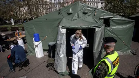 Getty Images A coronavirus testing point in central Prague, 23 Apr 20