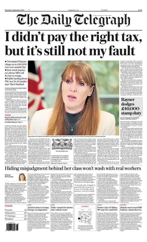 The headline on the front page of the Daily Telegraph reads: "I didn't pay the right tax but it's still not my fault". 