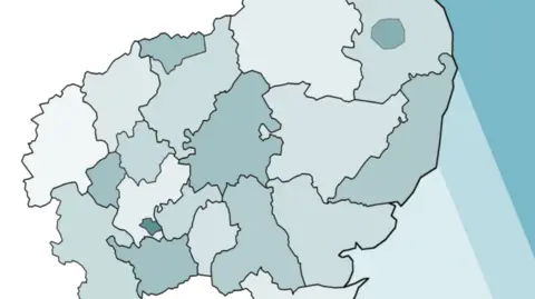 A graphic map showing what new councils' boundaries would look like if the government were to scrap district and borough authorities. Suffolk would have two authorities. 