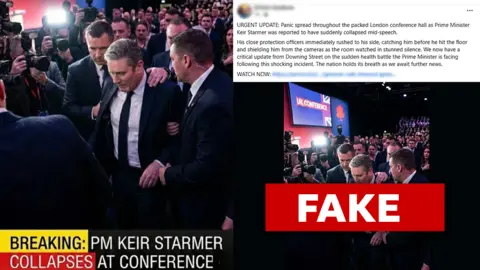 A composite of two news articles labelled "breaking" which show Keir Starmer, looking unwell and be guided by security out of a packed arena.