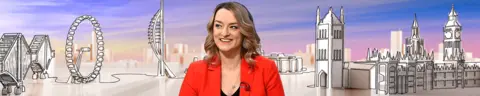 Thin banner promoting the Off Air with Laura K newsletter with an image of presenter Laura Kuenssberg wearing a red blazer and an illustration of the Houses of Parliament on a pink and blue background.