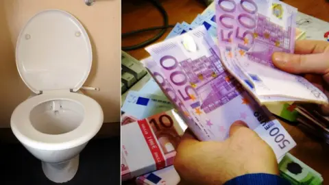 PA/GETTY A toilet and then the 500 euro notes on a collage side by side