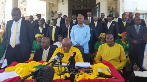 AFP Thomas Thabane (front C), the Prime Minister of Lesotho, announced to the media during a press conference that he will resign as Prime Minister at a date to be confirmed, at the old state house in Maseru, on January 17, 2020.