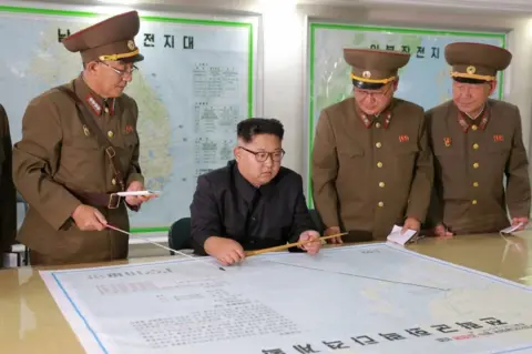 Reuters North Korean leader Kim Jong-un visits the Command of the Strategic Force of the Korean People's Army (KPA) in an unknown location in North Korea in this undated photo released by North Korea's Korean Central News Agency (KCNA) on 15 August 2017