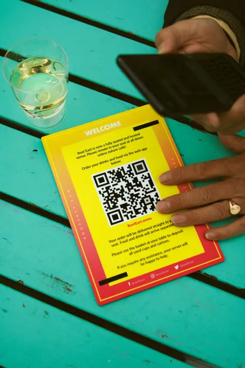 Faith Aylward/BBC Track and Trace instructions, Roof East, Stratford, London. 4 July 2020