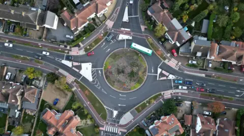 Steve Hubbard/BBC An aerial view of the birthday cake roundabout in Cambridge