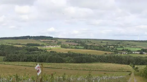 Rolling hills filled with green fields and trees. Small groups of houses can be seen hidden amongst the trees in the distance. A windmill is just visible on the horizon.