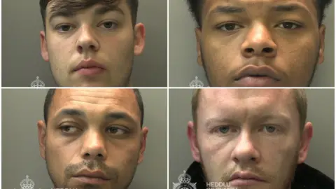 South Wales Police A composite image showing custody images of the four defendants. 