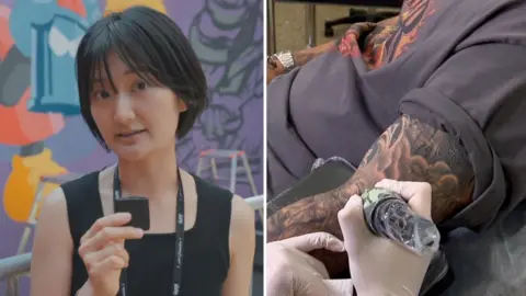 Split screen of BBC journalist Leehyun Choi standing in front of a graffiti wall and a an getting a tattoo on his arm