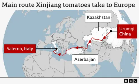 Peta yang menunjukkan rute yang dilalui sebagian besar tomat Xinjiang ke Italia - dimulai di Urumqi dan berakhir di Salerno 