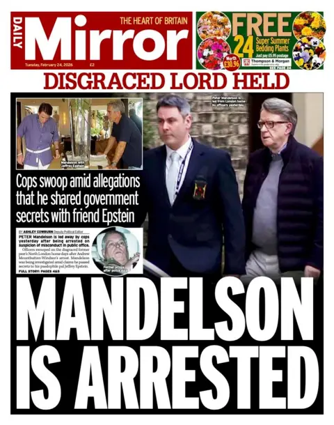 The headline on the front page of the Daily Mirror reads: "Disgraced Lord held."