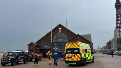 RNLI Emergency services debrief at Blackpool RNLI headquarters on the promenade near Blackpool Tower