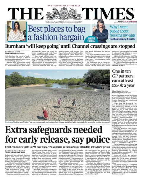 The headline on the front page of The Times reads: "Extra safeguards needed for early release, say police."