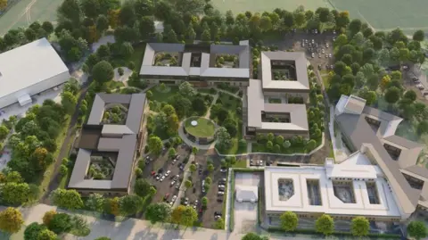 An artist design of proposed plans for an NHS site. It's an aerial view looking down of several square-shaped buildings surrounded by trees with cars dotted about.