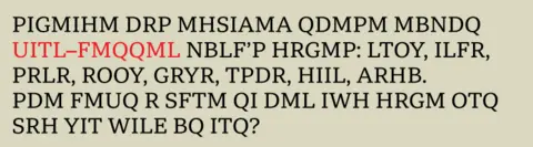 A block of text in uppercase letters on a beige background, resembling an encrypted message or cipher.