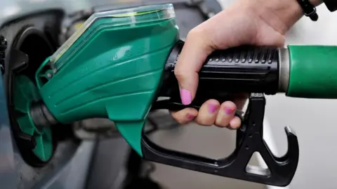 A close-up of a woman's hand, with pink nail varnish, holding a green petrol pump.