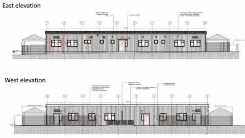 Building plans featuring side views of the new facility, including its front entrance and fencing.