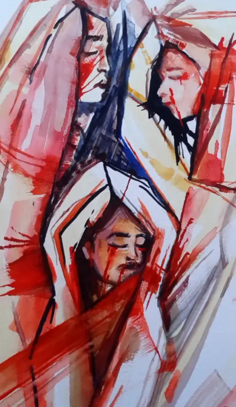 Instagram/@francalsalmi An image by artist Amina Omar Al-Salmi depicts a woman with her eyes closed and covered in blood