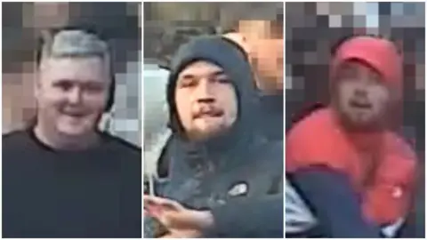 PSNI Images of three people released by PSNI in police appeal. First is a man with grey hair and dark top, second man with dark hoodies and beard, third a man with red hoodie and a beard.