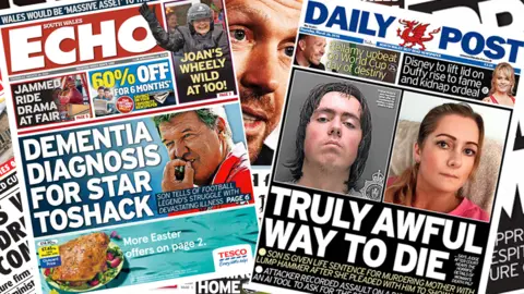 Newspaper front pages with headlines including: Son given life sentence for murdering mother