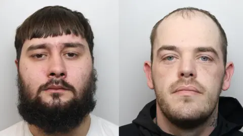 Northamptonshire Police Williams with short dark hair and medium beard. He is wearing a white T-shirt in a police custody photo. Maciness has very short dark hair and slight beard, and s wearing a black hoodie in a custody photo. Both are looking at the camera.