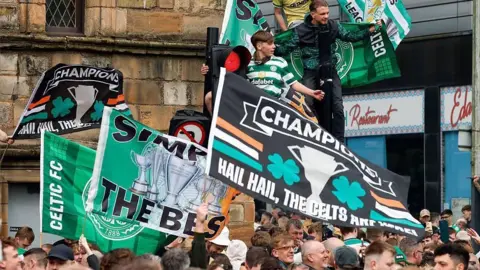 Getty Images About 3,000 Celtic gathered in the Trongate area of Glasgow after Celtic clinched the title in May