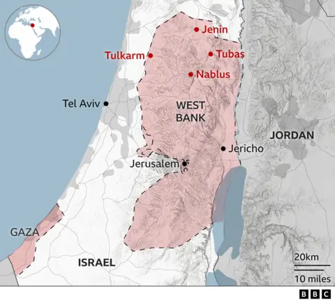 Locator map which shows the West Bank and Israel, marking the northern West Bank city of Jenin, wastern city of Tulkarm, central city of Nablus and Tubas to the east