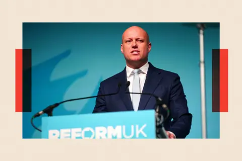 PA Media Reform UK leader in Wales Dan Thomas stands in front of a turquoise background on which the outline of a dragon is visible. In front of him is a lectern with a microphone and the Reform UK logo. He wears a dark shirt, a white shirt and a pale blue tie.