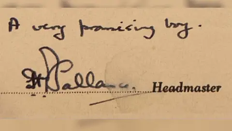 Reigate Grammar School A school report which reads: A very promising boys and signed by headmaster Howard Ballance